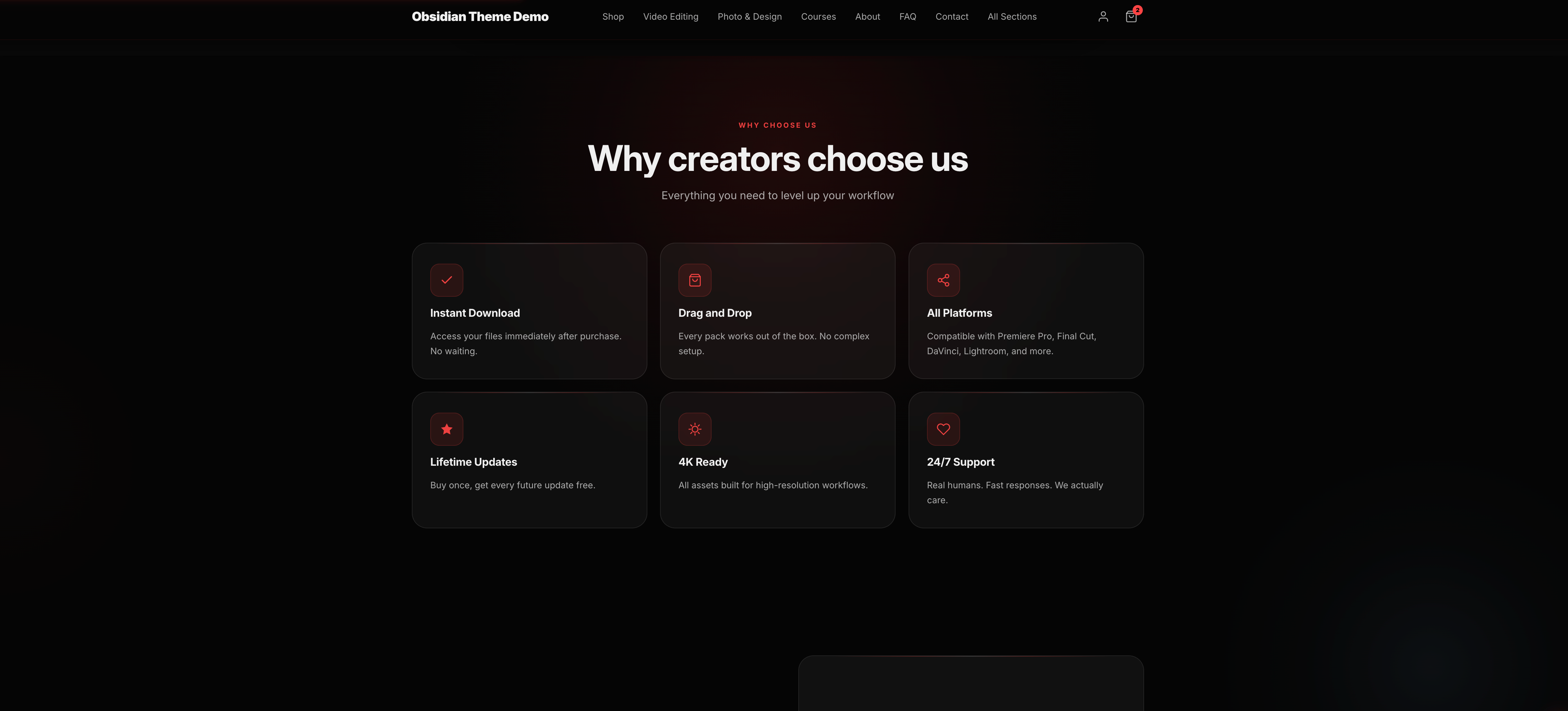 Obsidian Theme - Features grid section