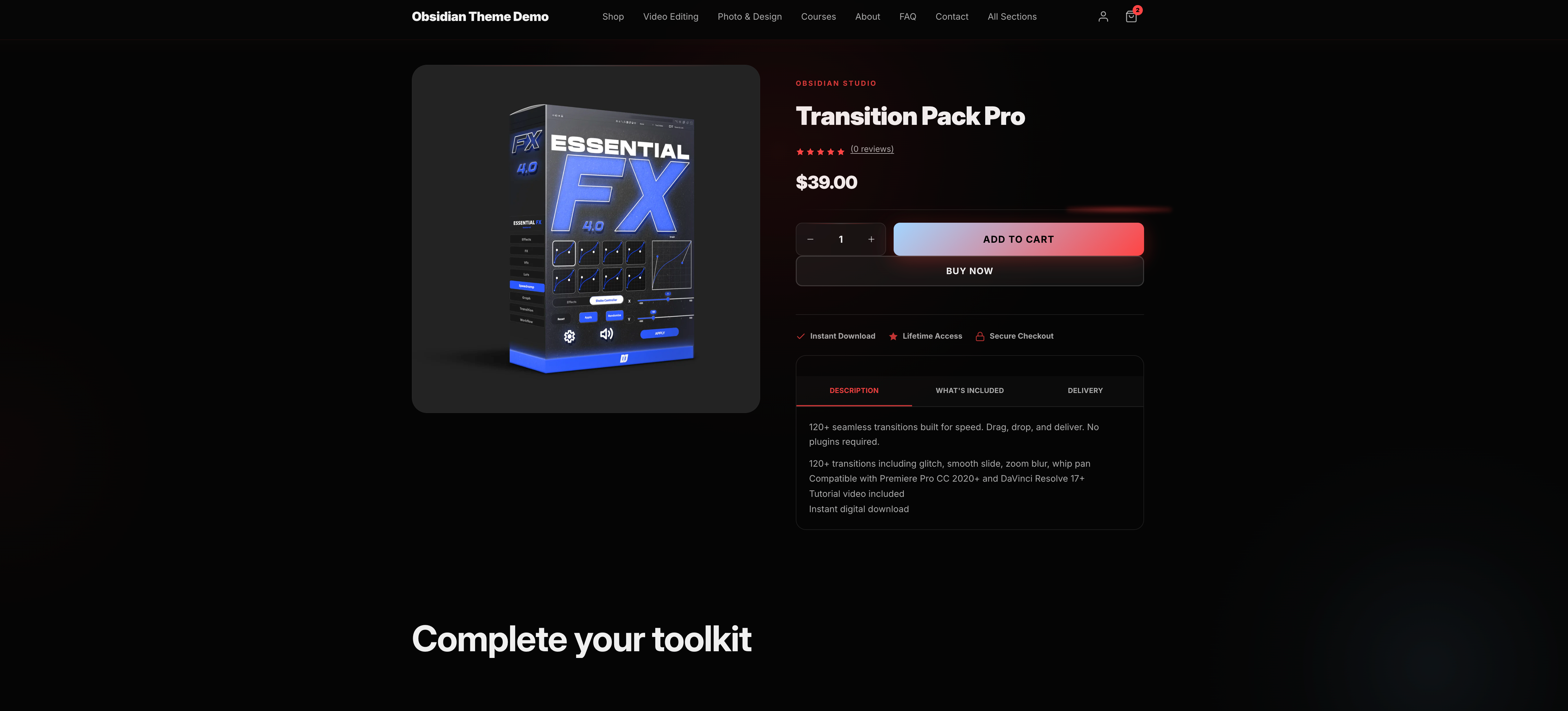 Obsidian Theme - Product page with buy section