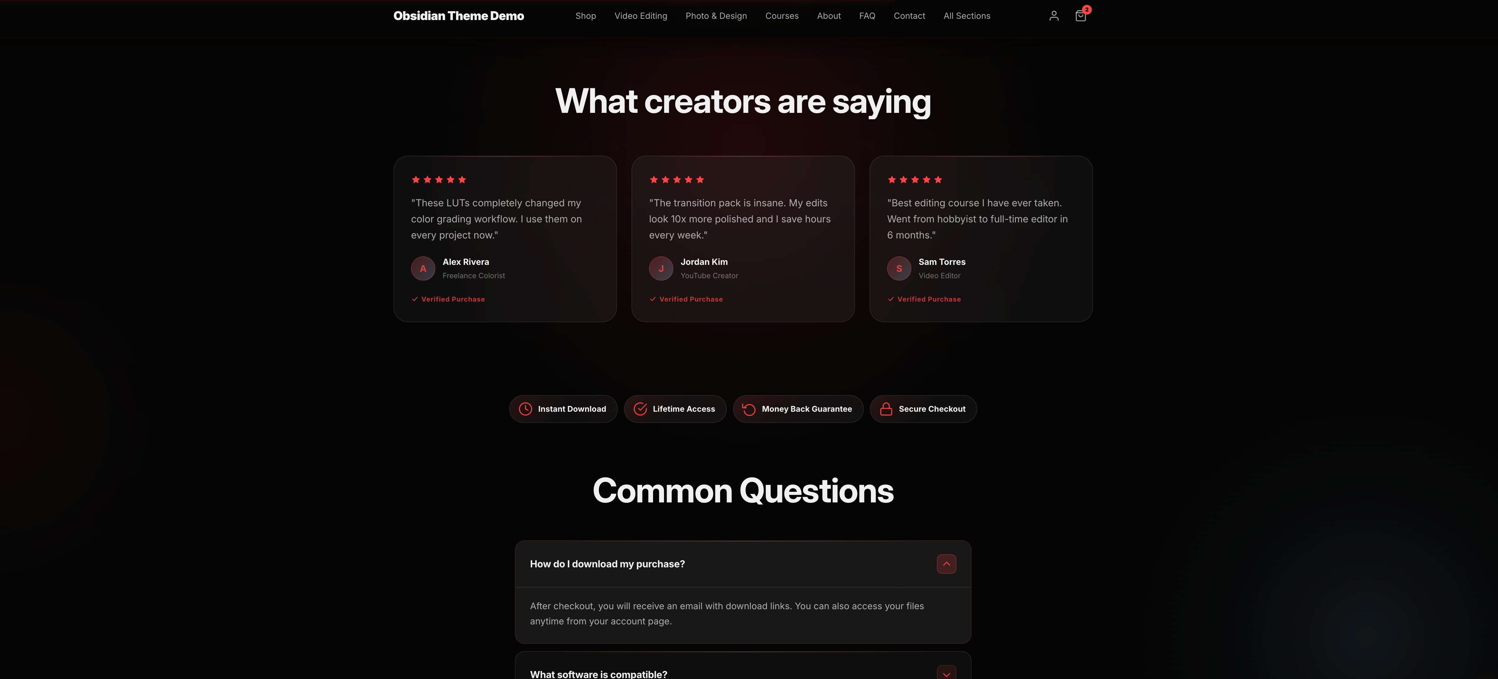 Obsidian Theme - Testimonials and FAQ sections